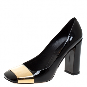 Pre Owned Louis Vuitton Black Patent Leather Gold Plate Block Heel Pumps Size 37.5