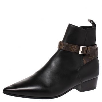 Pre Owned Louis Vuitton Black Leather And Monogram Strap Charlotte Ankle Boots Size 39