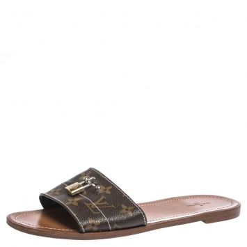 Pre Owned Louis Vuitton Brown Coated Monogram Canvas Lock It Flat Slides Size 41