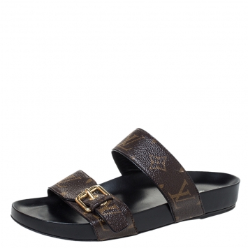 Pre Owned Louis Vuitton Brown Monogram Leather Bom Dia Flat Slides Size 37