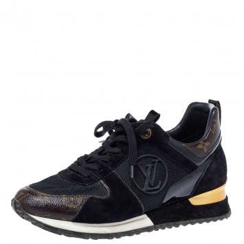 Pre Owned Louis Vuitton Black Suede, Mesh And Monogram Canvas Run Away Lace Up Sneakers Size 38