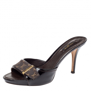 Pre Owned Louis Vuitton Brown Patent Laether and Mini Lin Canvas Slide Sandals Size 38.5