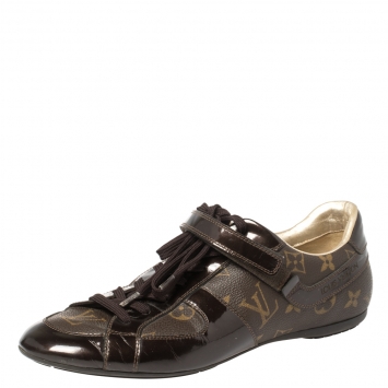Pre Owned Louis Vuitton Monogram Canvas and Patent Leather Globe Trotter Low Top Sneakers Size 39