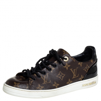 Pre Owned Louis Vuitton Brown/Black Monogram Canvas And Patent Leather Frontrow Low Top Sneakers Size 38