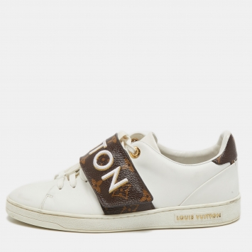 Pre Owned Louis Vuitton White Leather and Monogram Canvas Logo Strap Frontrow Sneakers Size 37.5