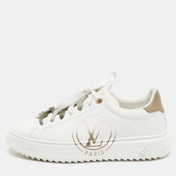 Pre Owned Louis Vuitton White/Green Leather Time Out Sneakers Size 37