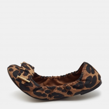 Pre Owned Louis Vuitton Brown/Black Leopard Print Canvas Bow Scrunch Ballet Flats Size 38