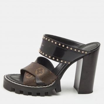 Pre Owned Louis Vuitton Black/Brown Monogram Canvas And Patent Star Trail Sandals Size 36
