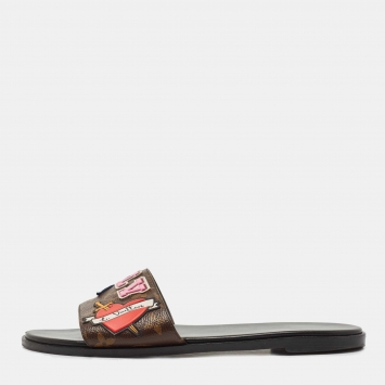Pre Owned Louis Vuitton Brown Canvas Love Logo Slide Flats Size 39.5