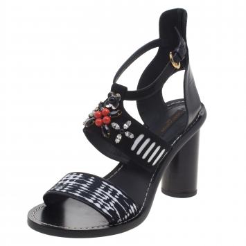 Pre Owned Louis Vuitton Black Embellished Suede and Leather Frontpier Ankle Strap Sandals Size 37