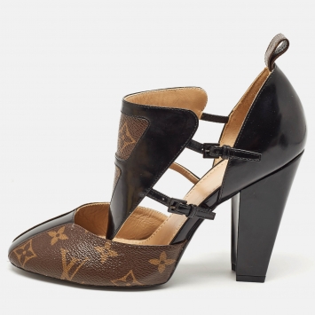 Pre Owned Louis Vuitton Brown/Black Monogram Canvas and Patent Headline Pumps Size 38