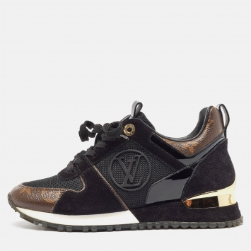 Pre Owned Louis Vuitton Black/Brown Monogram Canvas and Mesh Run Away Low Top Sneakers Size 35