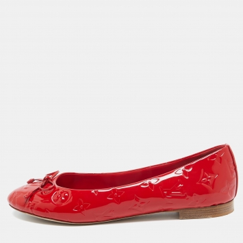 Pre Owned Louis Vuitton Red Monogram Patent Leather Bow Ballet Flats Size 40