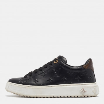 Pre Owned Louis Vuitton Black Monogram Debossed Leather Time Out Sneakers Size 38