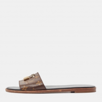 Pre Owned Louis Vuitton Brown Monogram Coated Canvas Lock It Flat Slides Size 38