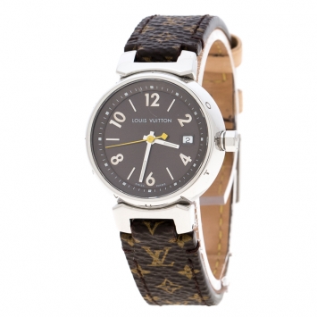 Pre Owned Louis Vuitton Stainless Steel Monogram Tambour Q1211 Women's Wristwatch 28 mm