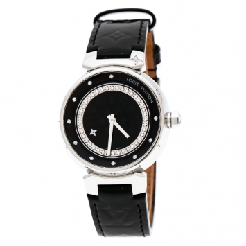 Pre Owned Louis Vuitton Black Stainless Steel Tambour Q1319 Women's Wristwatch 34 mm
