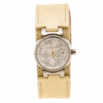 Pre Owned Louis Vuitton Mother of Pearl Stainless Steel Tambour Q121C Women's Wristwatch 28 mm