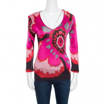 Pre Owned M Missoni Pink Graphic Floral Printed Knit Long Sleeve Top M