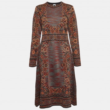 Pre Owned M Missoni Brown Floral Intarsia Knitted Long Sleeve Midi Dress L