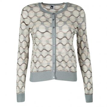 Pre Owned M Missoni Beige and Grey Knit Ribbed Trim Detail Cardigan S