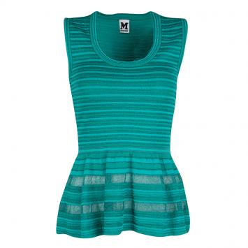 Pre Owned M Missoni Teal Blue Striped Knit Mesh Insert Sleeveless Peplum Top S