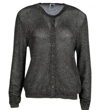 Pre Owned M Missoni Metallic Black Perforated Lurex Knit Button Front Cardigan L