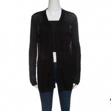Pre Owned M Missoni Black Chevron Pattern Rib Trim Open Front Cardigan M