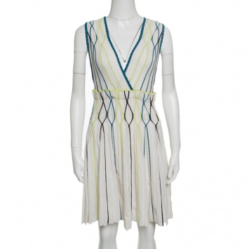 Pre Owned M Missoni White Rib Knit Contrast Piping Detail Sleeveless Pleated Dress M