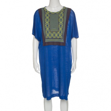 مملوكة مسبقًا M Missoni Blue Knit Contrast Geometric Pattern Bodice Detail Short Sleeve Dress S
