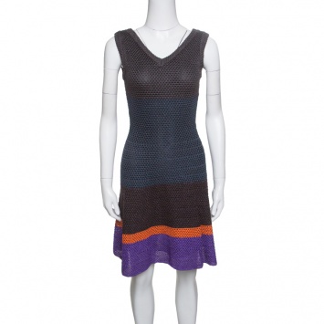 مملوكة مسبقًا M Missoni Metallic Striped Colorblock Perforated Knit Fit and Flare Dress S