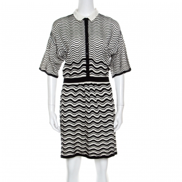 مملوكة مسبقًا M Missoni Monochrome Wave Patterned Knit Collared Short Sleeve Dress M