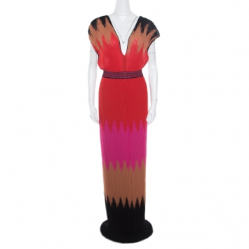 Pre Owned M Missoni Multicolor Pleated Knit Plunge Neck Maxi Dress S
