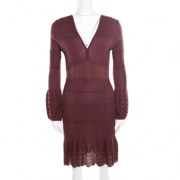 Pre Owned M Missoni Burgundy Perforated Rib Knit Long Sleeve V Neck Dress M