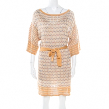 Pre Owned M Missoni Multicolor Patterned Perfroated Knit Boat Neck Belted Dress M