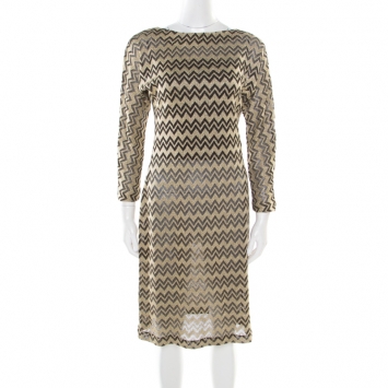 Pre Owned M Missoni Gold Chevron Patterned Lurex Knit Scoop Back Tie Detail Dress M