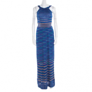 Pre Owned M Missoni Blue Patterned Knit Twist Neck Detail Maxi Dress S