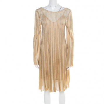 Pre Owned M Missoni Metallic Gold Perforated Knit Back Tie Detail Dress M