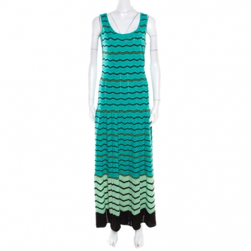 Pre Owned M Missoni Green Chevron Patterned Perforated Knit Sleeveless Maxi Dress M