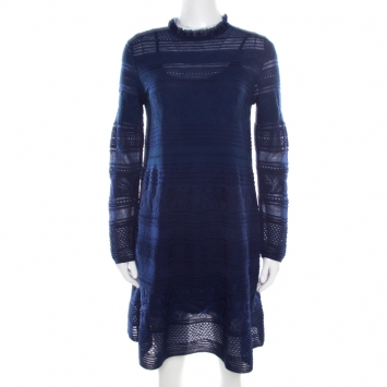 مملوكة مسبقًا M Missoni Blue Textured Jacquard Knit High Neck Shift Knitted Short Dress M