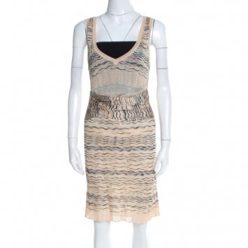 Pre Owned M Missoni Beige Wave Pattern Perforated Knit Wait Tie Detail Sleeveless Dress M