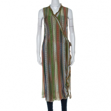 Pre Owned M Missoni Multicolor Crochet Knit Lurex Detail Ruffle Trim Front Tie Sleeveless Cardigan L