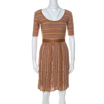 Pre Owned M Missoni Brown Striped Knit Scoop Neck Short Sleeve Dress M