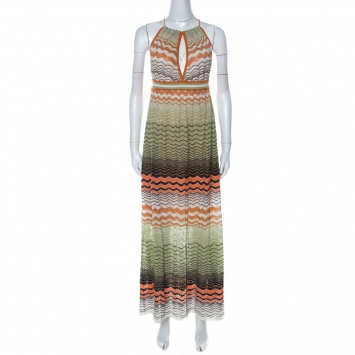 Pre Owned M Missoni Multicolor Wave Knit Halter Neck Maxi Dress M 