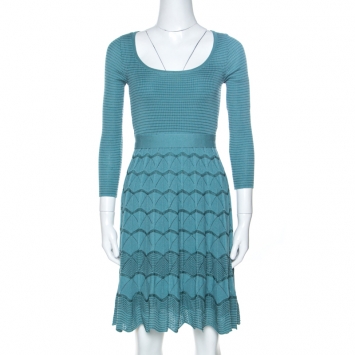 Pre Owned M Missoni Teal Blue Pointelle Knit Midi Dress M