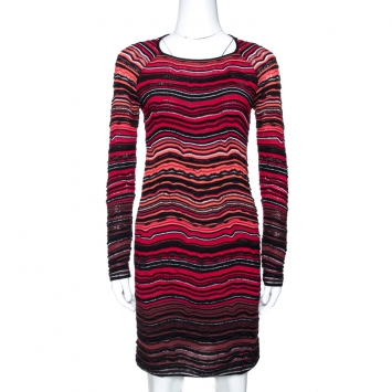 Pre Owned M Missoni Red Wave Pattern Textured Knit Long Sleeve Dress S