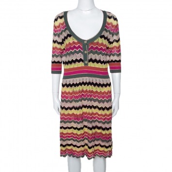Pre Owned M Missoni Multicolor Chevron Cotton Linen Knit A Line Dress L
