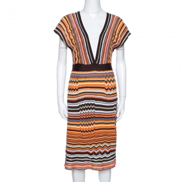 Pre Owned M Missoni Orange & Brown Striped Knit Plunge Neck Dress M