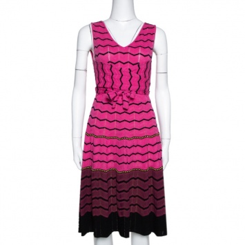 Pre Owned M Missoni Pink Zig Zag Knit Tie Front Detail Dress S