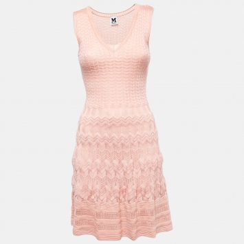 Pre Owned M Missoni Pink Perforated Knit Sleeveless Skater Dress IT 38